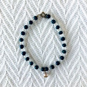 Handmade Navy Blue Wood Beads With Clear Swarovski Crystals Bracelet